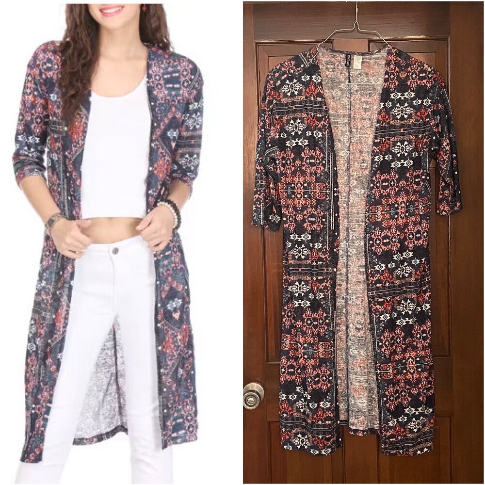 Size Large H&M Divided Aztec print navy white orange cardigan duster